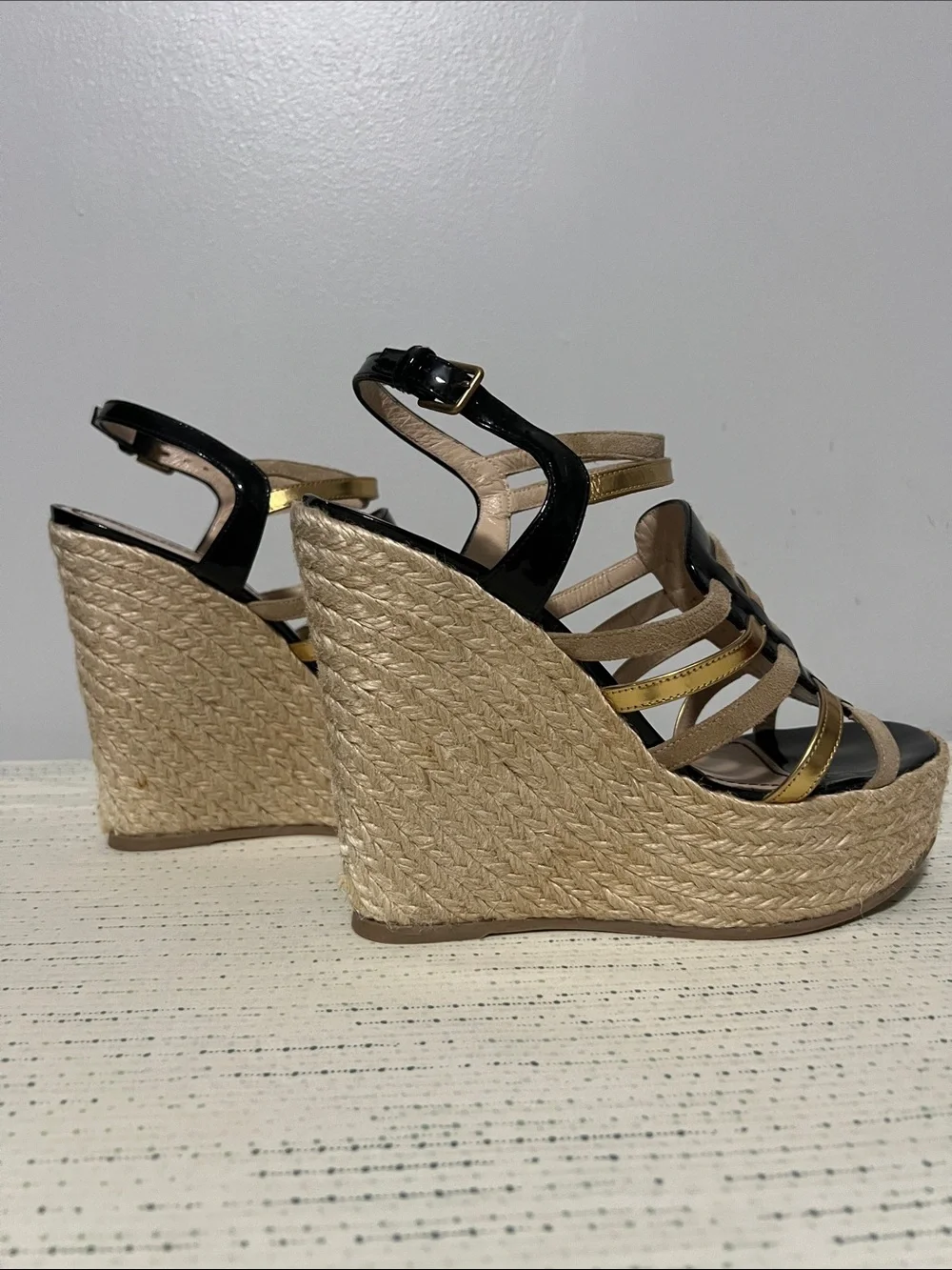 Yves Saint Laurent Black and Gold Strappy Espadrille Platform Sandals